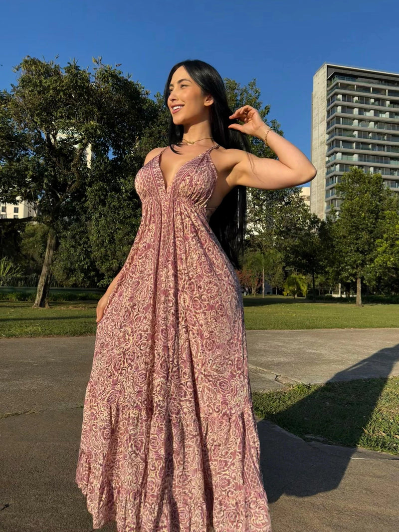 VESTIDO EM VISCOSE LONGO JASMIN ROSA