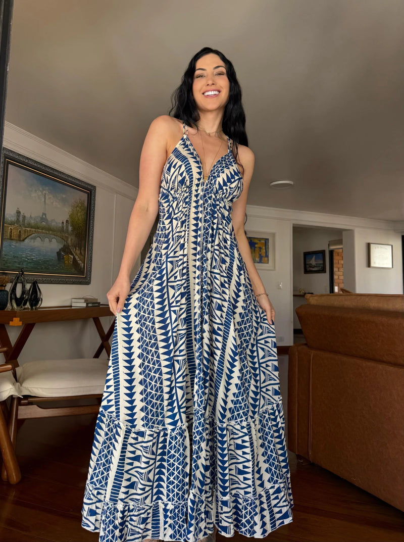 VESTIDO EM VISCOSE LONGO ANA AZUL